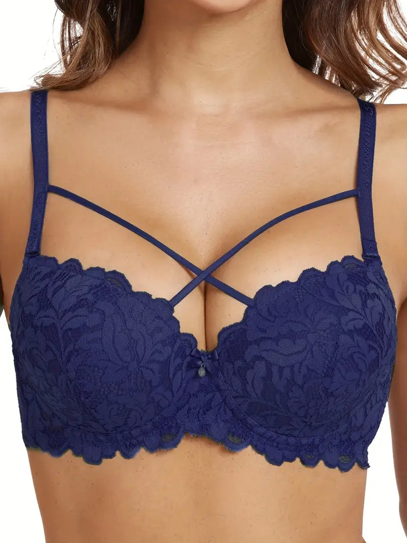 Criss Cross Contrast Lace C Cup Push Up Bra