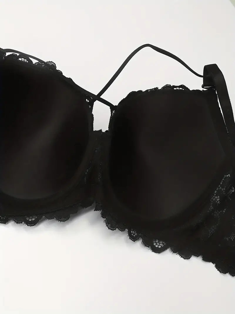 Criss Cross Contrast Lace C Cup Push Up Bra