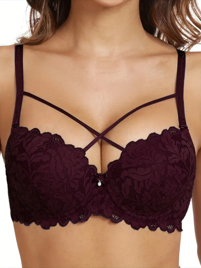 Criss Cross Contrast Lace C Cup Push Up Bra