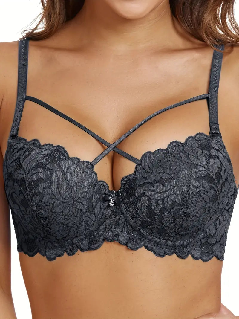 Criss Cross Contrast Lace C Cup Push Up Bra