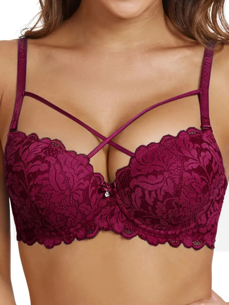 Criss Cross Contrast Lace C Cup Push Up Bra