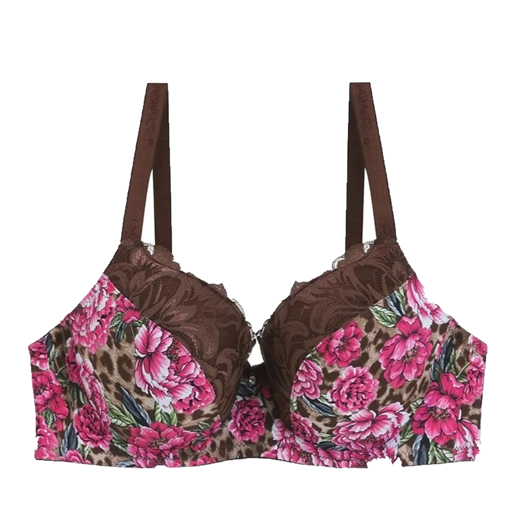 Leopard & Floral Print Contrast Lace DD Cup Full Coverage Bra