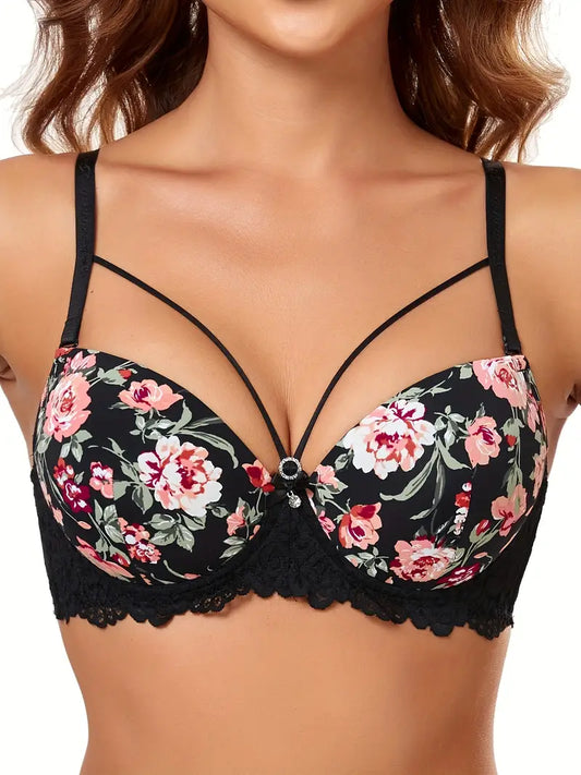 Cut Out  Floral Print B Cup Push Up Bra