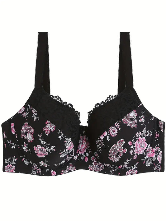 Floral & Paisley Print Contrast Lace DD Cup Molded Bra