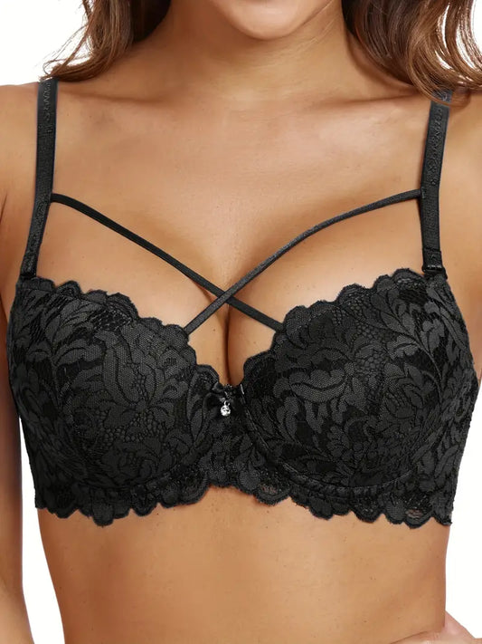 Criss Cross Contrast Lace C Cup Push Up Bra